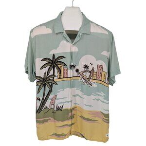 Duvin Tropical Beach Scene Button Up Camp Shirt Surf Vacation Statement Size L